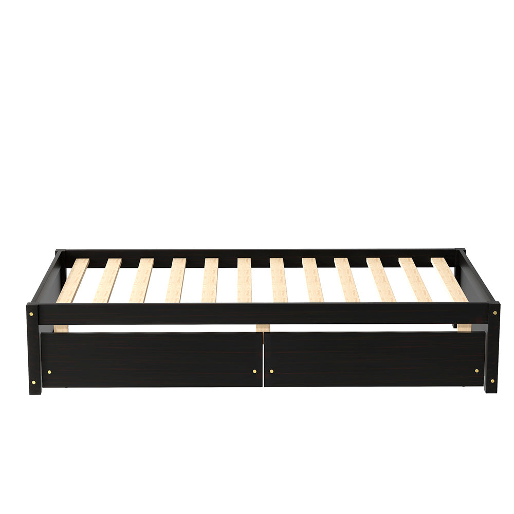 Wood Twin Platform Bed Frame with Drawers for Girls Boys, Kids Twin Size Bed Frame with Storage, Wood Slat Support, No Box Spring Needed, Espresso, LLL4665