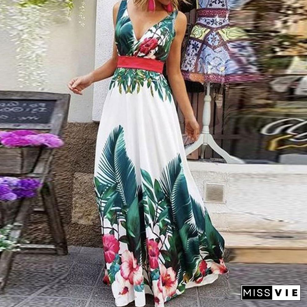 Women Summer V Neck Sleeveless Casual Dress Holiday Party Floral Printed Sundress