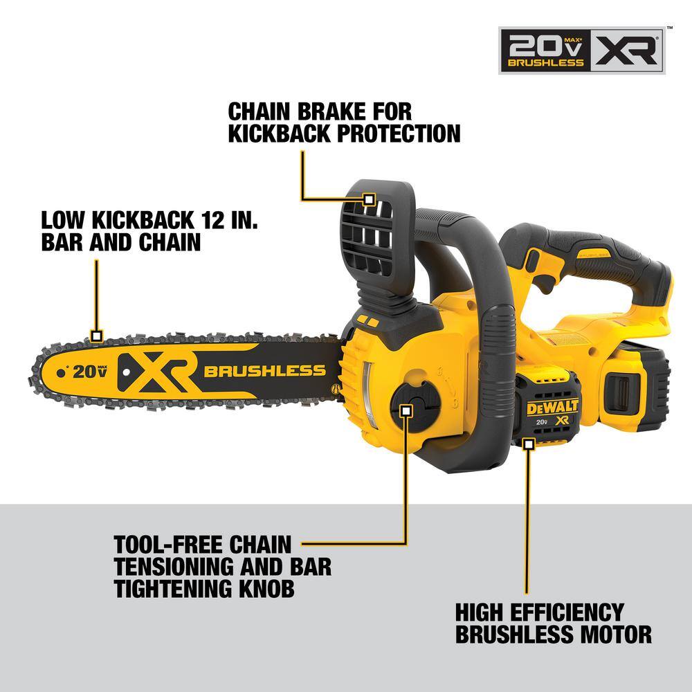 DW 20V MAX 12in. Brushless Battery Powered Chainsaw Kit with (1) 5Ah Battery  Charger DCCS620P1