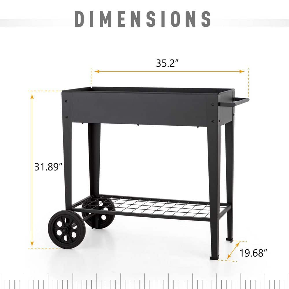 PHI VILLA Steel Elevated Garden Bed Raised Planter Box With Shelf and Wheels in Black THD-PV-430-B