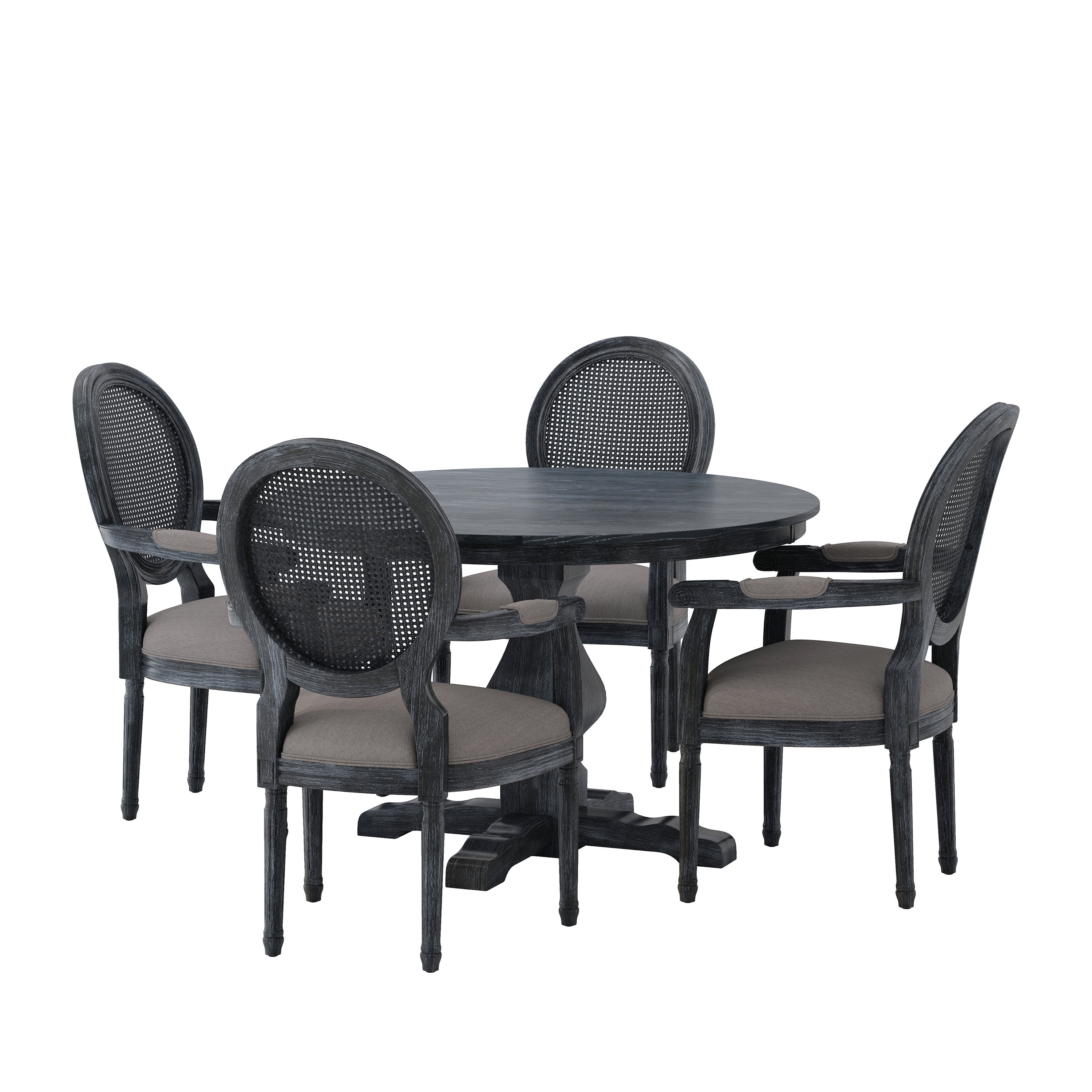 Bryan French Country Fabric Upholstered Wood and Cane 5 Piece Circular Dining Set