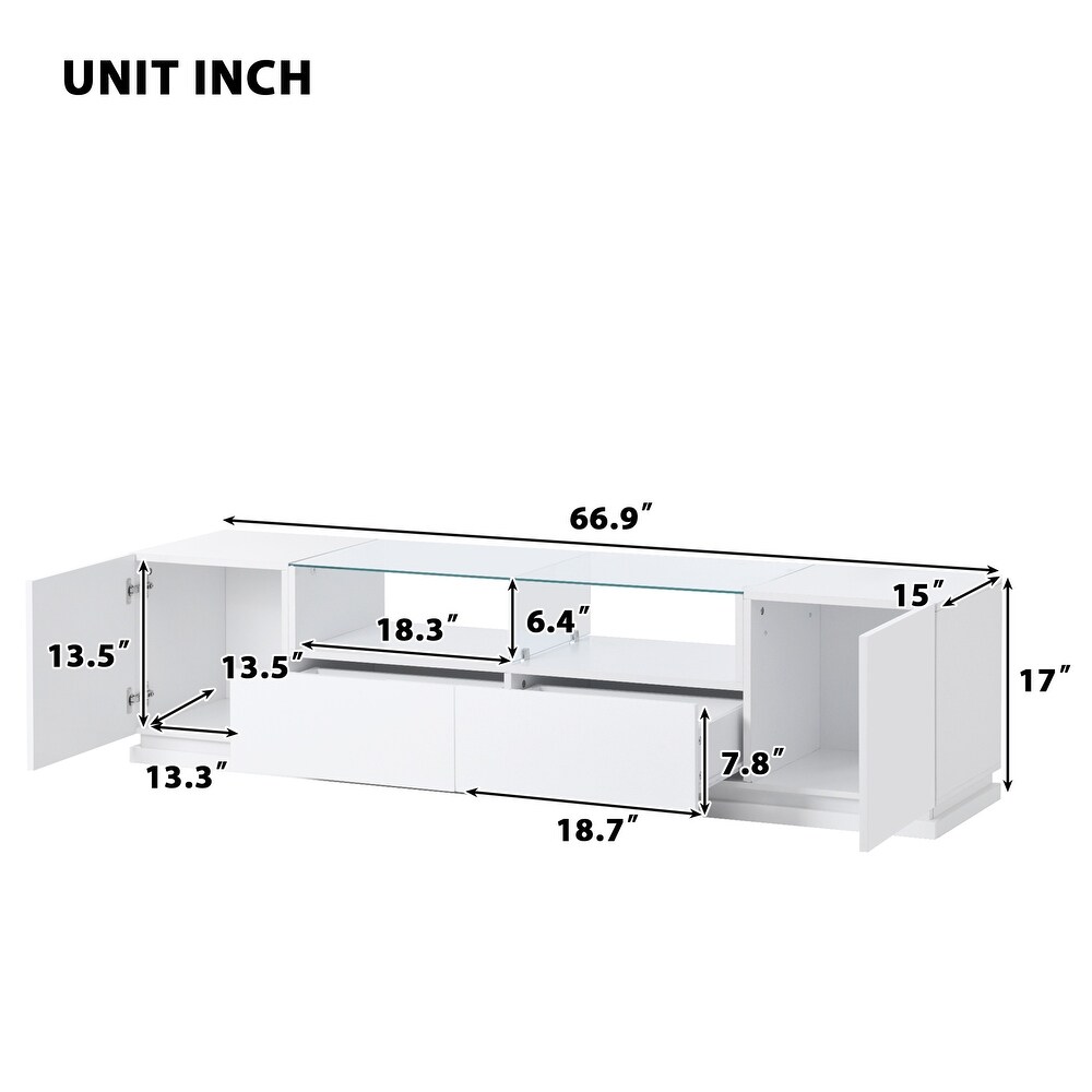 TV Stand with Tempered Glass  Modern High Gloss Entertainment Center for TVs Up to 70\