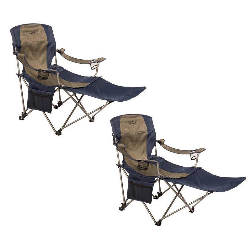 Kamp-Rite Outdoor Folding Lounge Chair w/ Detachable Footrest， Blue/Tan (2 Pack)