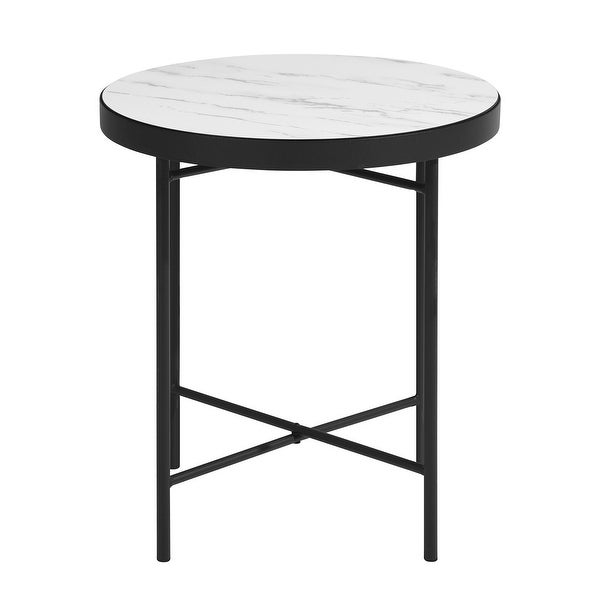 Set of 2 Round Side Coffee Table with Half Natural and Half Black Tray Top Finish， Sofa End Table Waterproof for Living Room