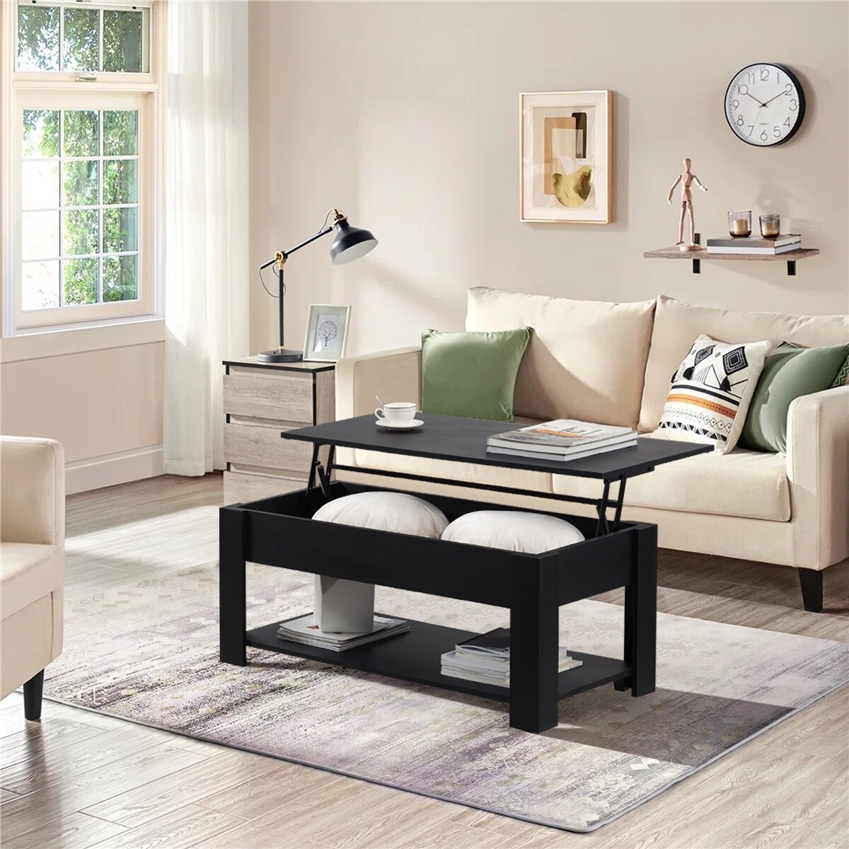 39.4 in. Rectangle Wood Lift Top Extendable Coffee Table with Storage