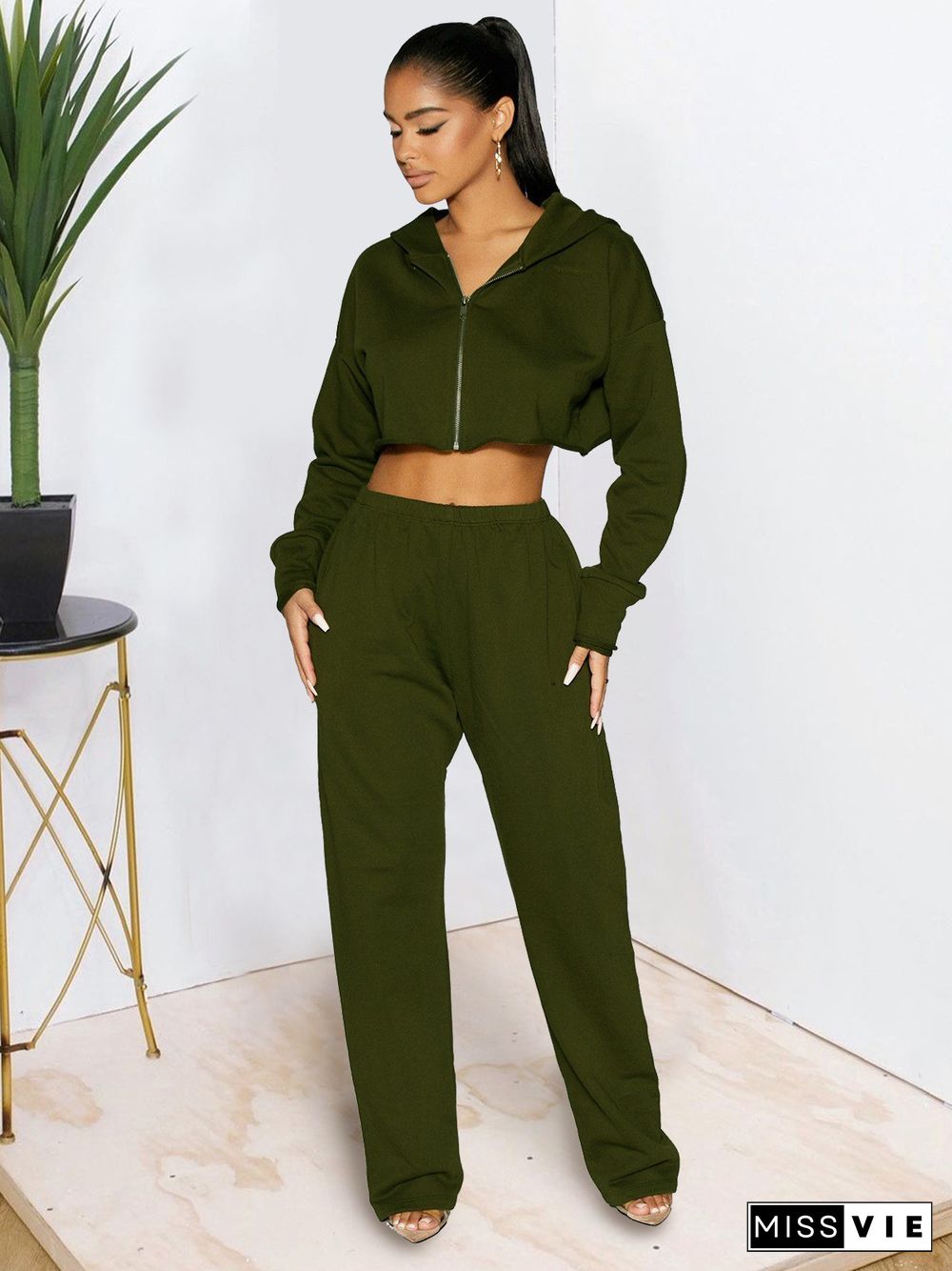 Thicken Zip Hooded Crop Top Wide Leg Pants Set