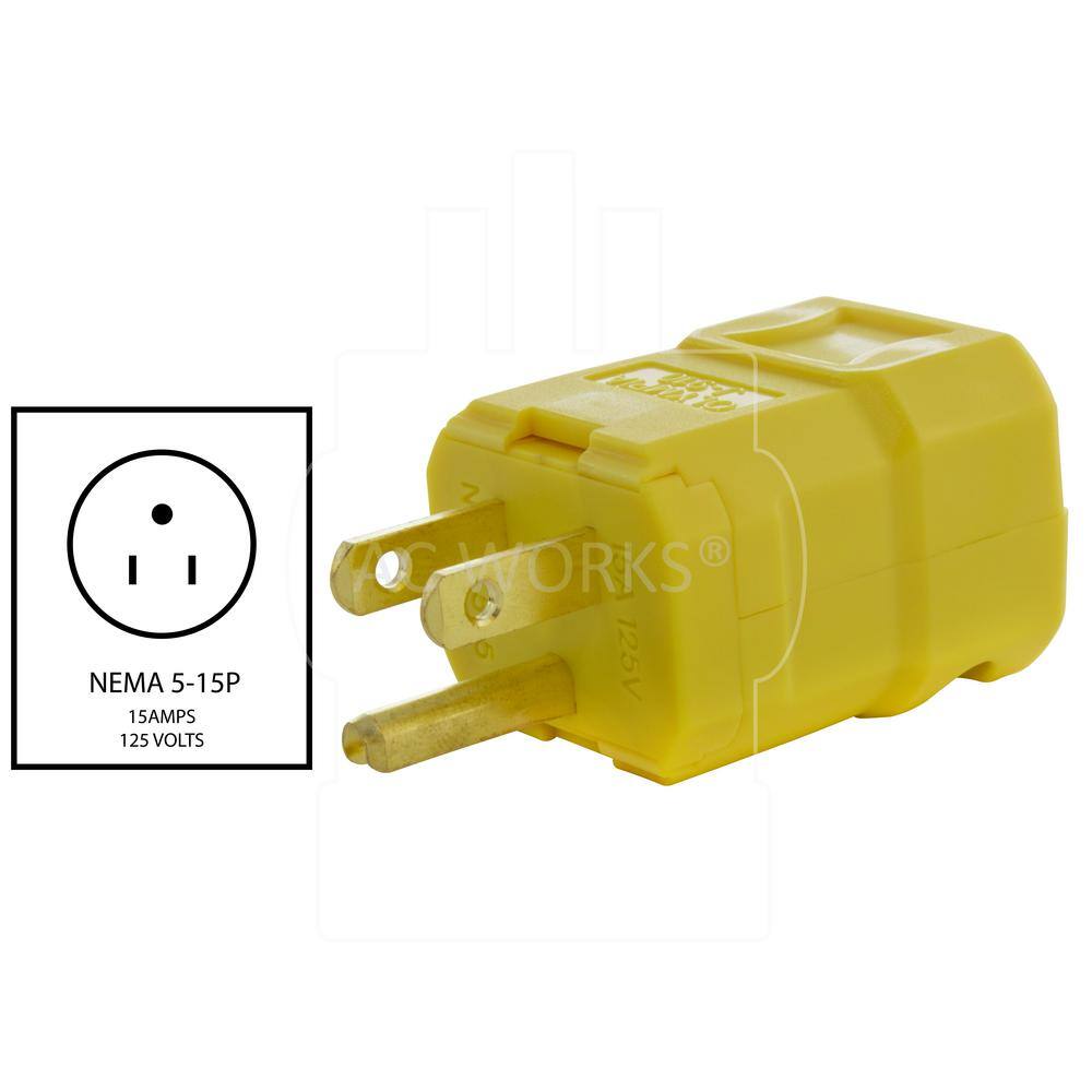 AC WORKS 15 Amp 125-Volt NEMA 5-15P Square Household Plug with UL C-UL Approval ASQ515P-YW