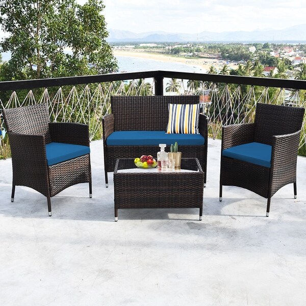 Costway 4PCS Rattan Patio Furniture Set Cushioned Sofa Chair Coffee