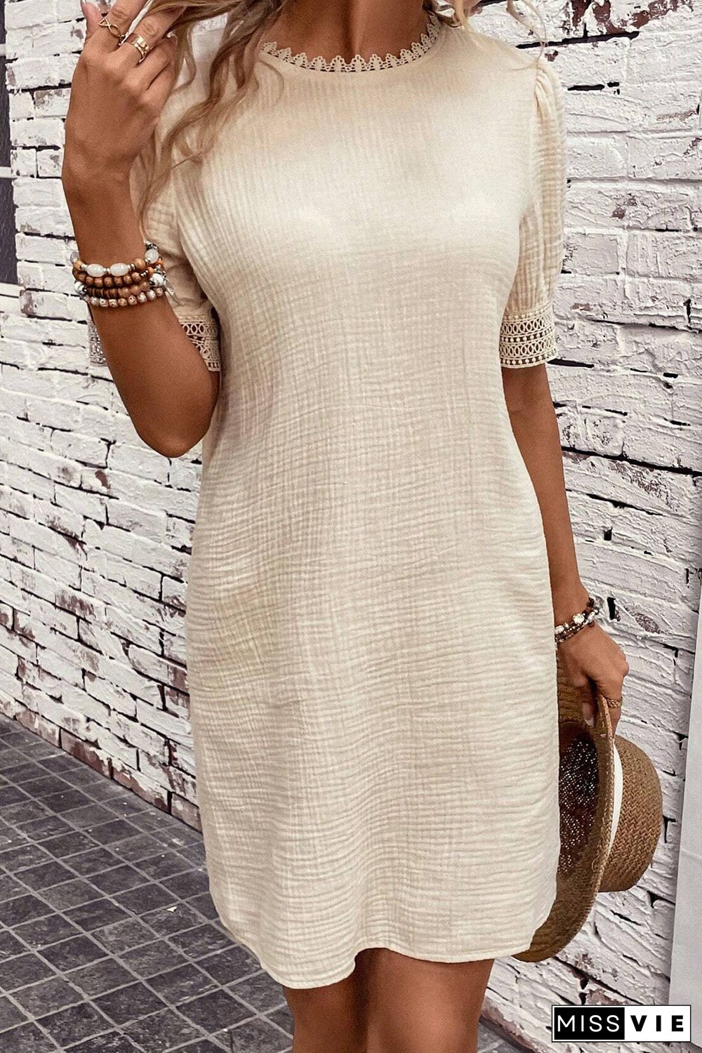 Beige Crinkle Lace Trim Puff Sleeve Shift Mini Dress