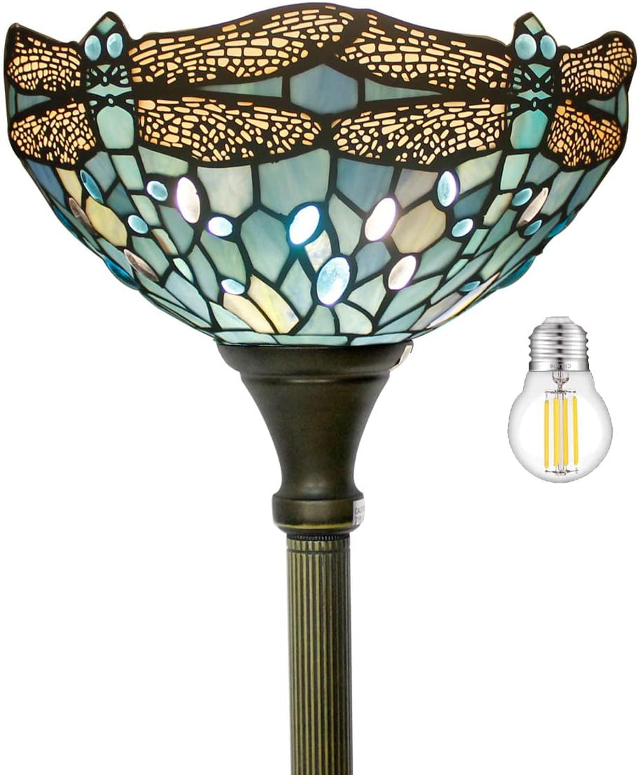 Floor Lamp Tiffany Torchiere LED Uplight 66" Tall Industrial Bronze Pole Vintage Boho Stained Glass Dragonfly Retro Standing Corner Bright Torch Light Living Room Kids Bedroom Farmhouse WERFACTORY