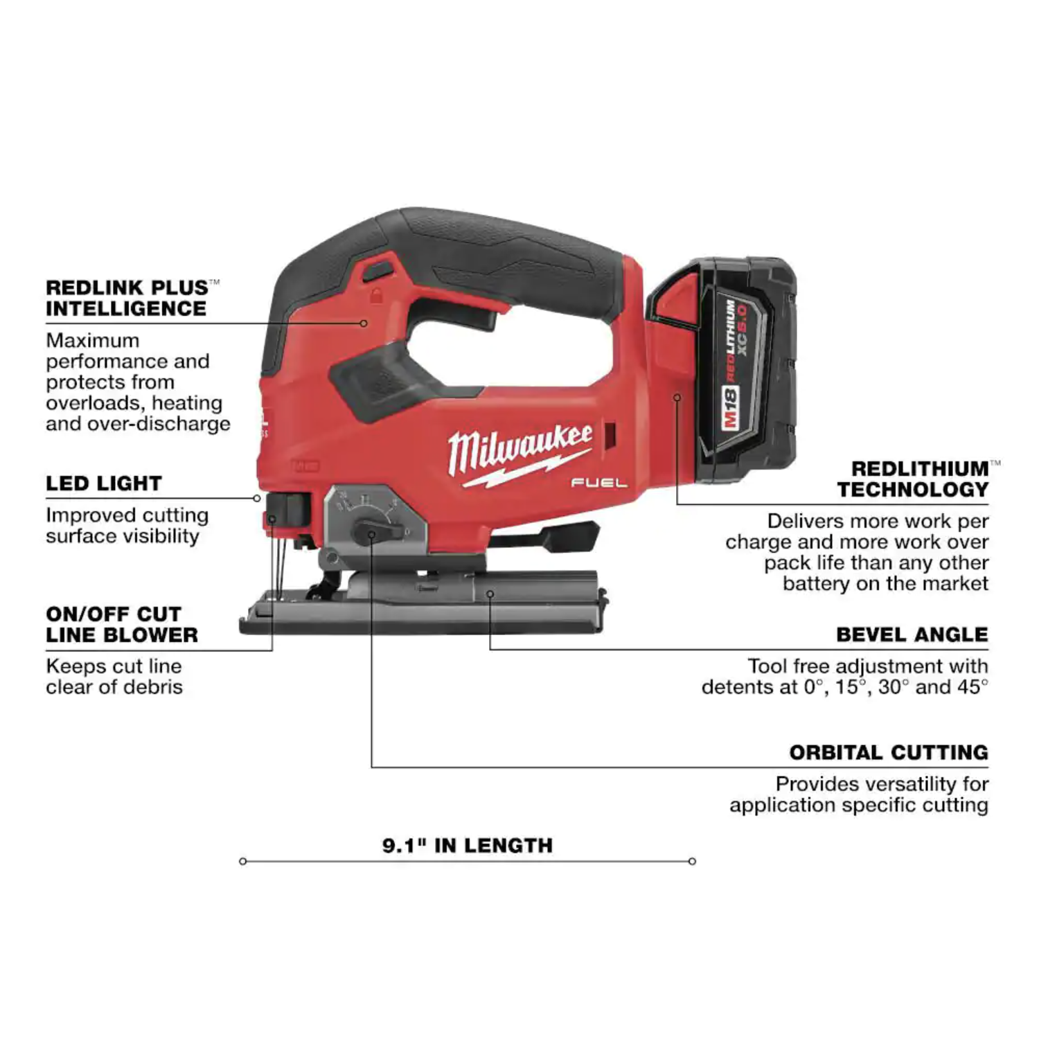 Milwaukee M18 FUEL 18-Volt Lithium-Ion Brushless Cordless Jig Saw Kit with 5.0Ah Battery， Charger and Case (2737-21)