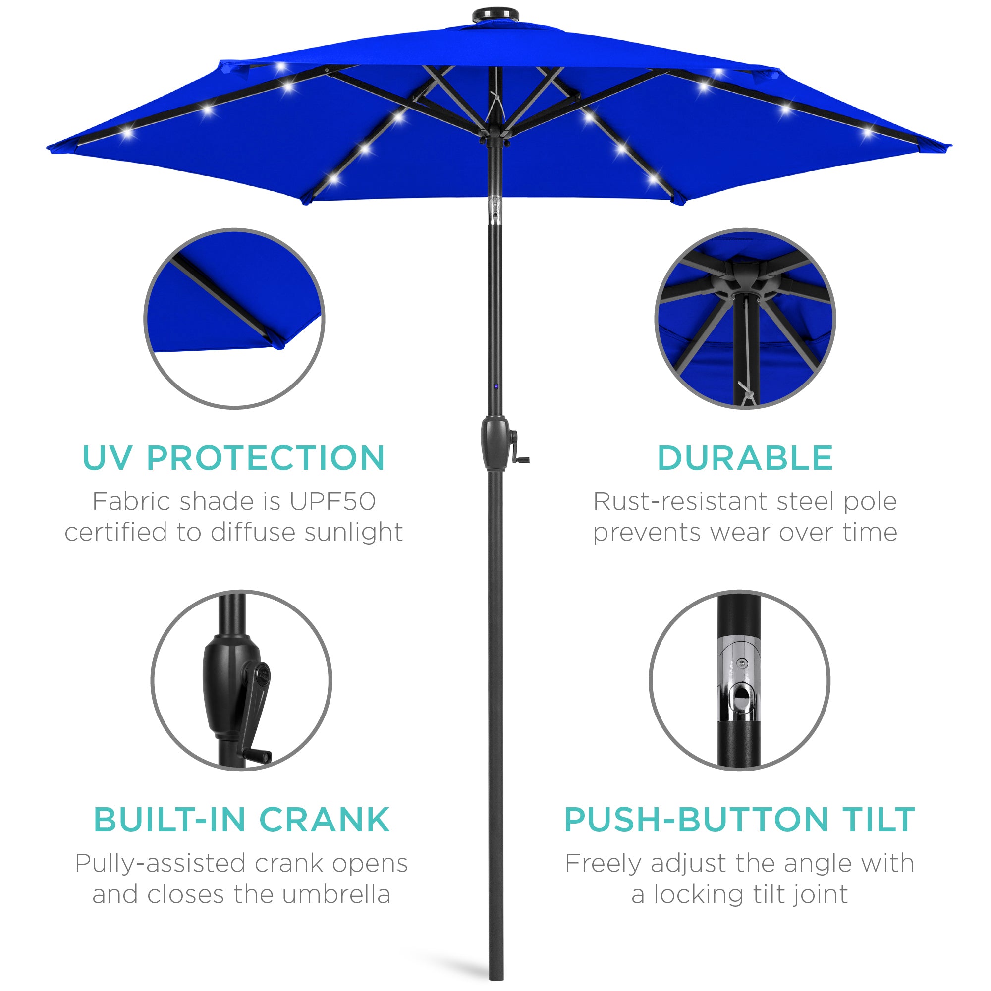 Best Choice Products 7.5ft Outdoor Solar Patio Umbrella for Deck, Pool w/ Tilt, Crank, LED Lights - Resort Blue