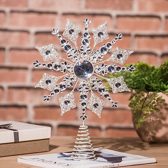 14.5 Silver Glitter Jewel Snowflake Topper