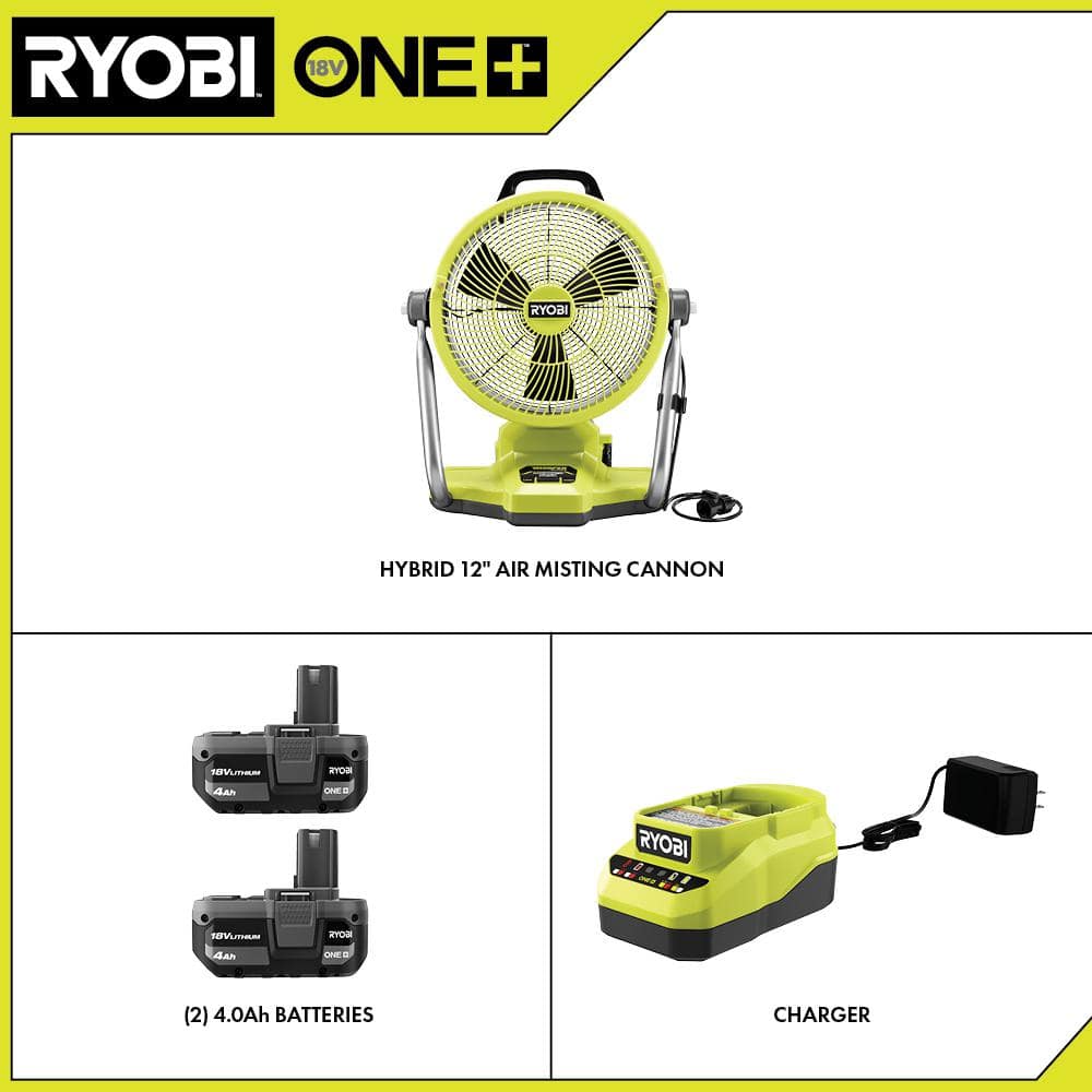 RYOBI ONE+ 18V Cordless Hybrid WHISPER SERIES 12 in. Misting Air Cannon Fan Kit with (2) 4.0 Ah Batteries and 18V Charger PCL850K1-PBP005