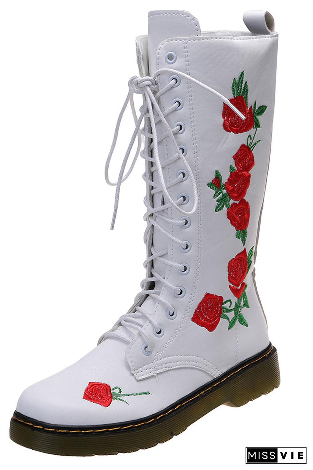 Rose Embroidered Flat Zipper Mid Boots Women Wholesale