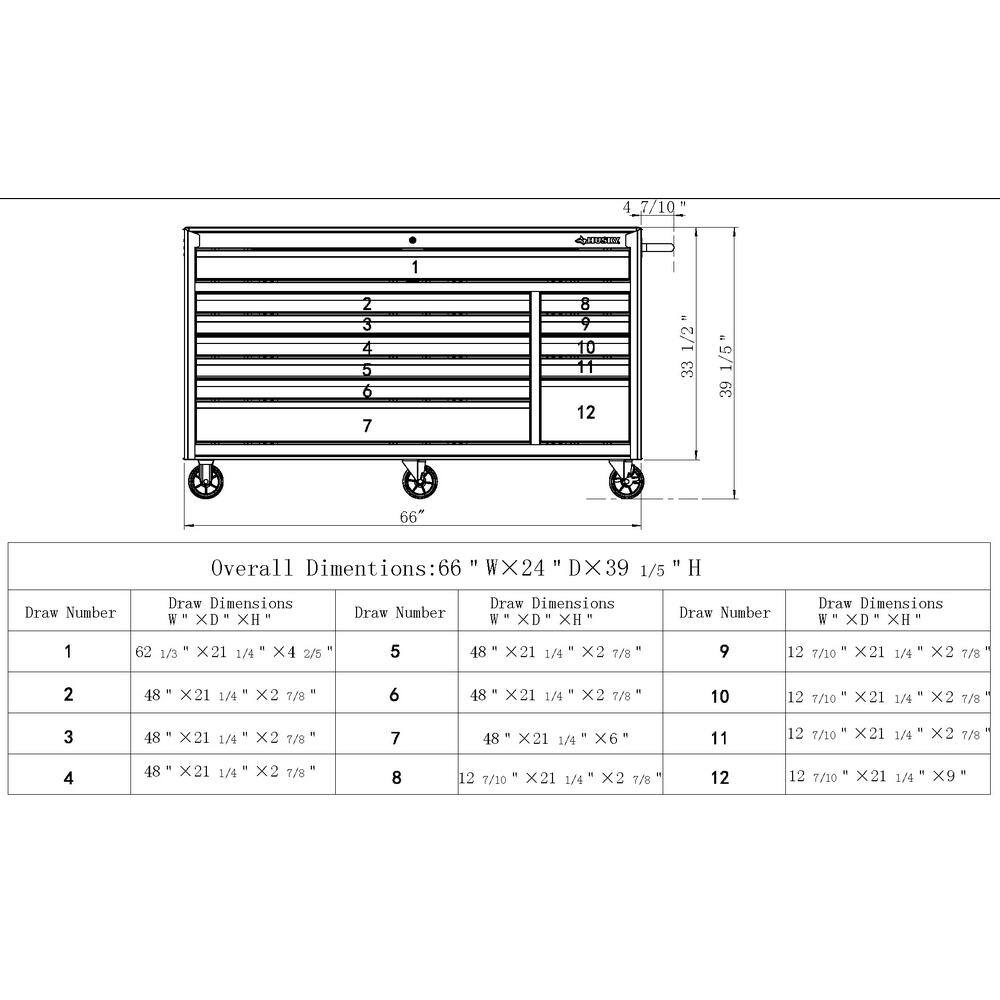 Husky 66 in. W x 24 in. D Standard Duty 12-Drawer Mobile Workbench Tool Chest with Solid Wood Top in Gloss Black 76812A24