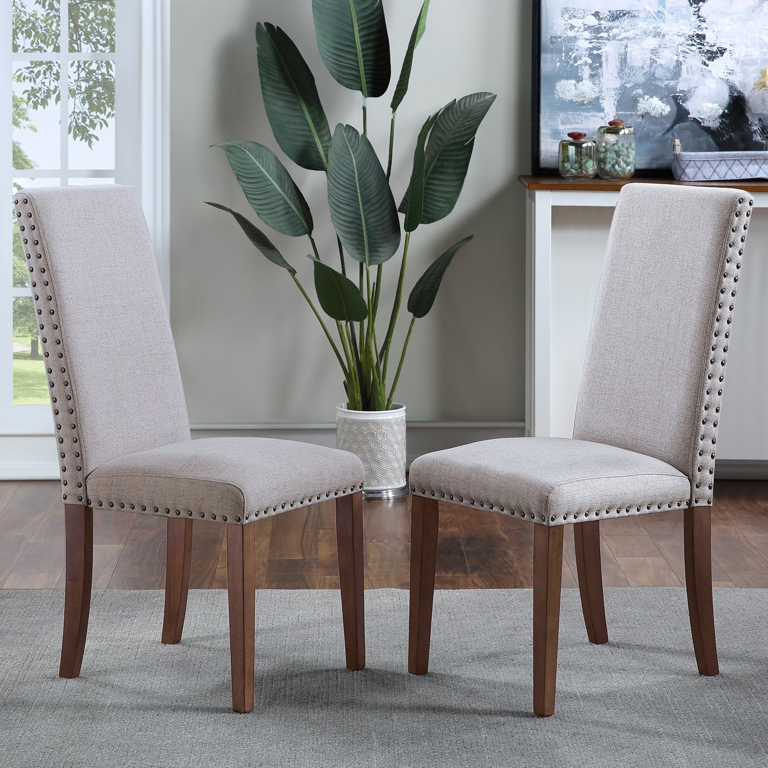 2 Pcs Upholstered Dining Chairs Fabric Dining Chairs with Copper Nail