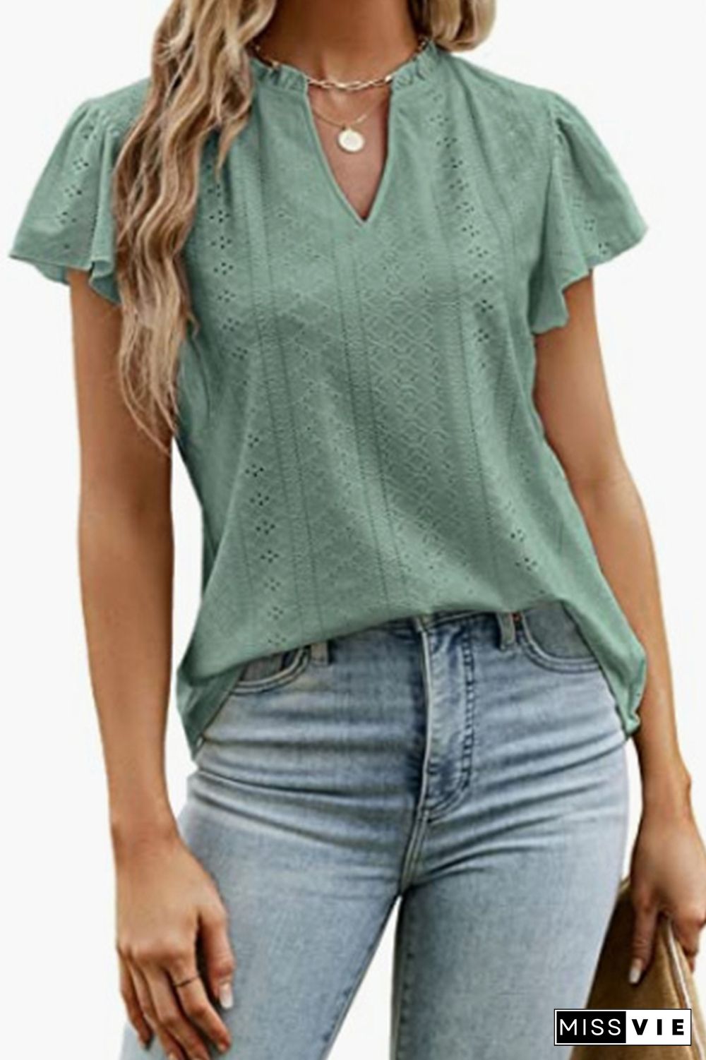 Eyelet Pattern Frilled Split Collar Ruffles Sleeves Tee