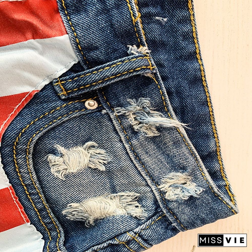 American flag print denim shorts women Fringed sexy ladies hot pants Star print jeans