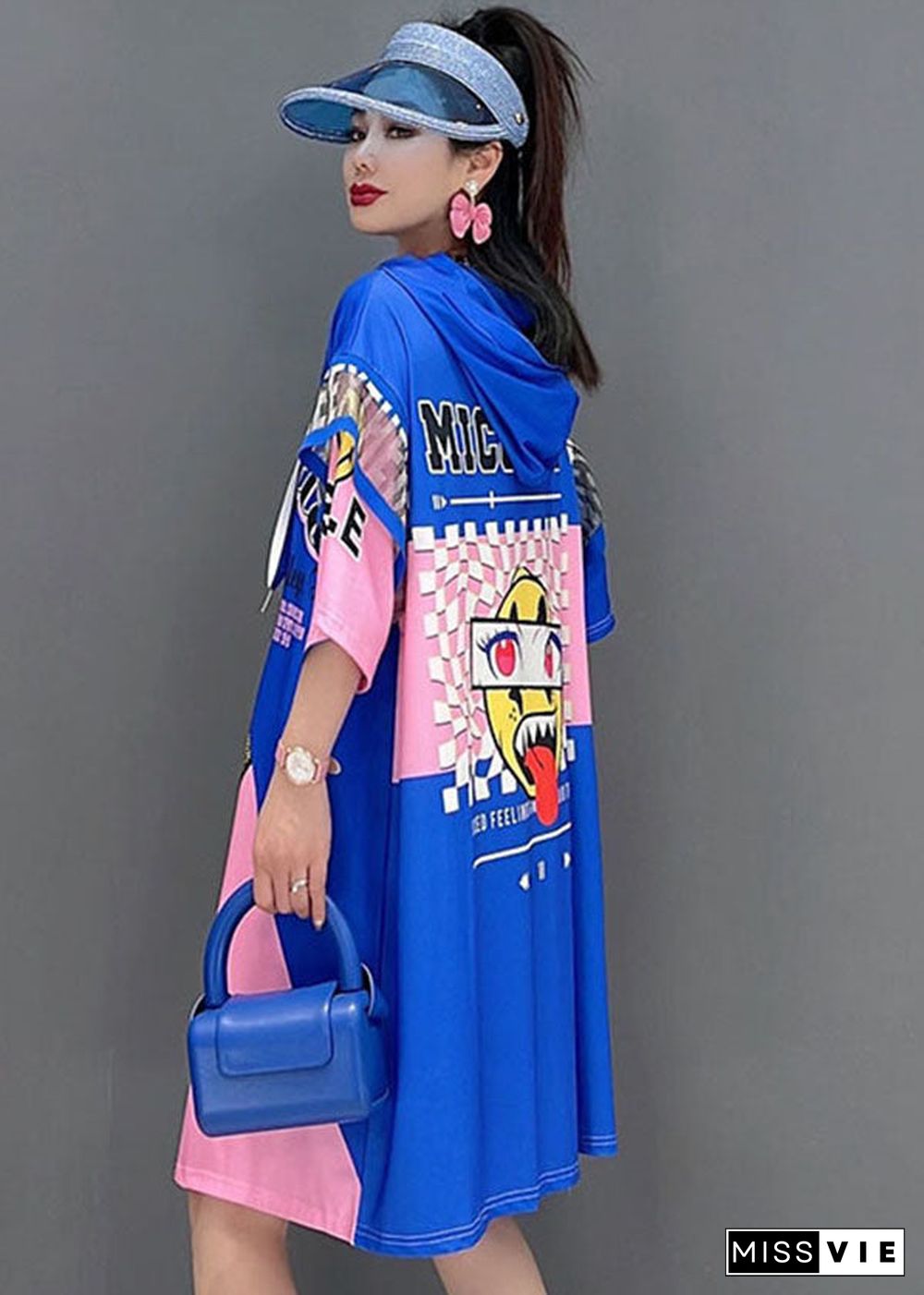 Modern Blue Red Hooded Drawstring Zippered Print Robe Dresses Short Sleeve