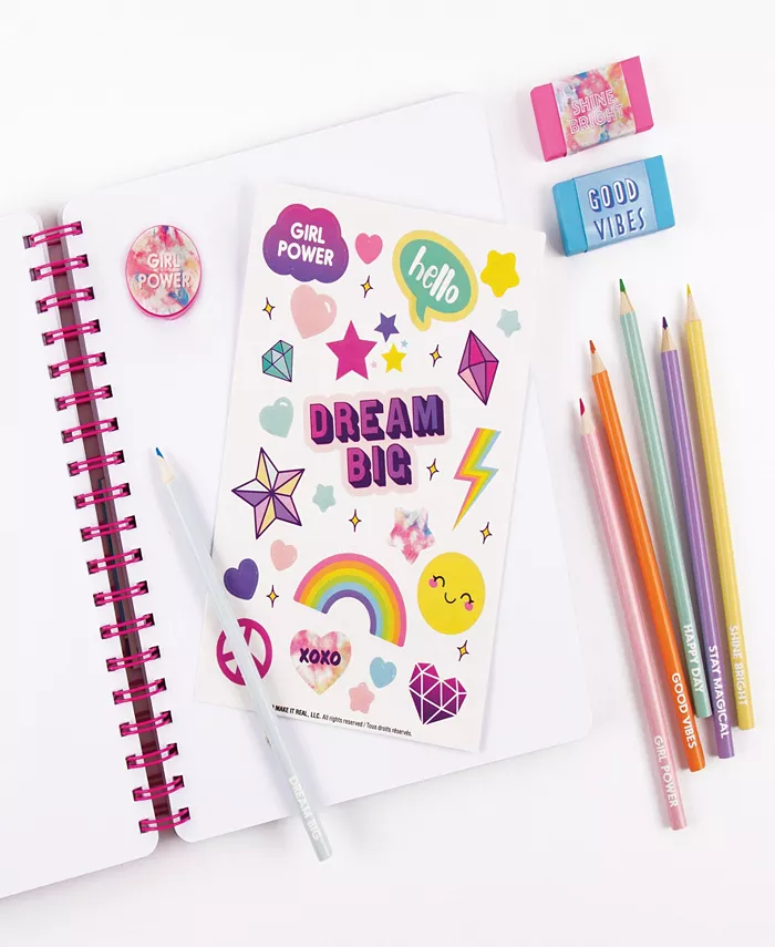 Three Cheers For Girls 3C4G All-in-One Sketching Set Pastel Tie Dye Make It Real  Tweens Girls  200 Page Book  Includes 6 Colored Pencils  2 Erasers  Pencil Sharpener Sheet Of Stickers  Take Notes In Class  Sketch Doodle  Art Supplies  Diary