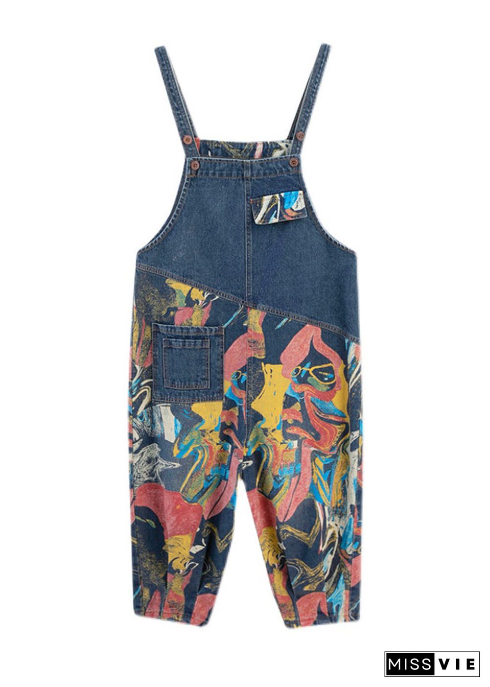 French Navy Pocket Print Denim Jumpsuit Spring