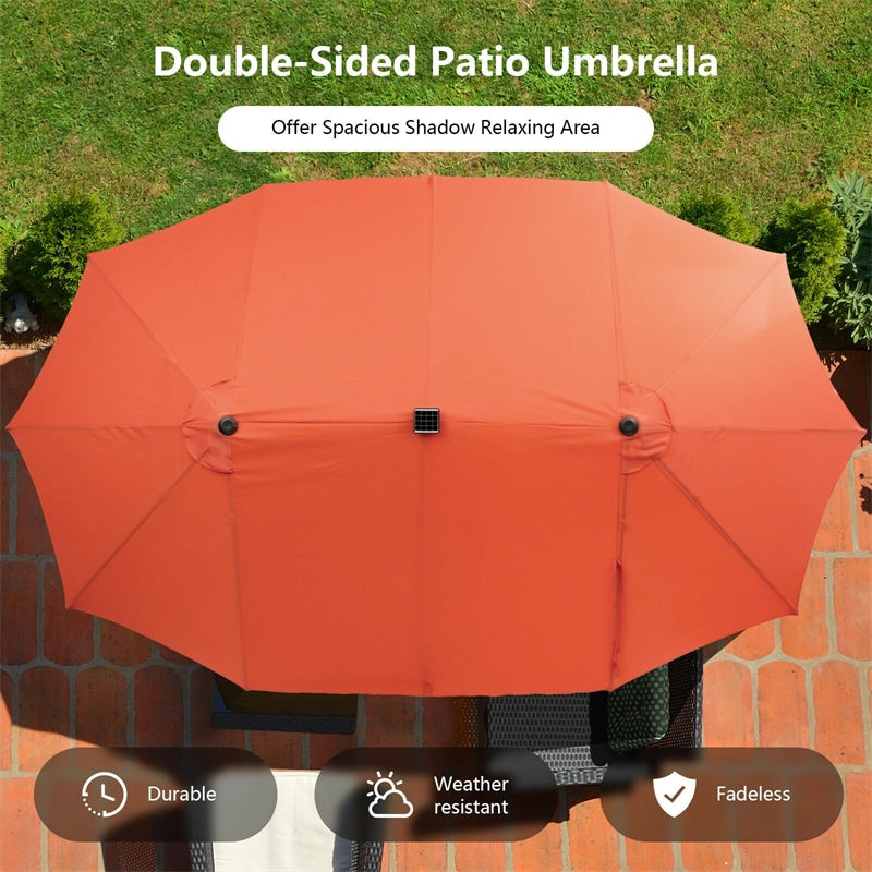 15 FT Large Outdoor Patio Table Umbrella with 48 Solar LED Lights & Crank, Double-Sided Metal Deck Pool Umbrella