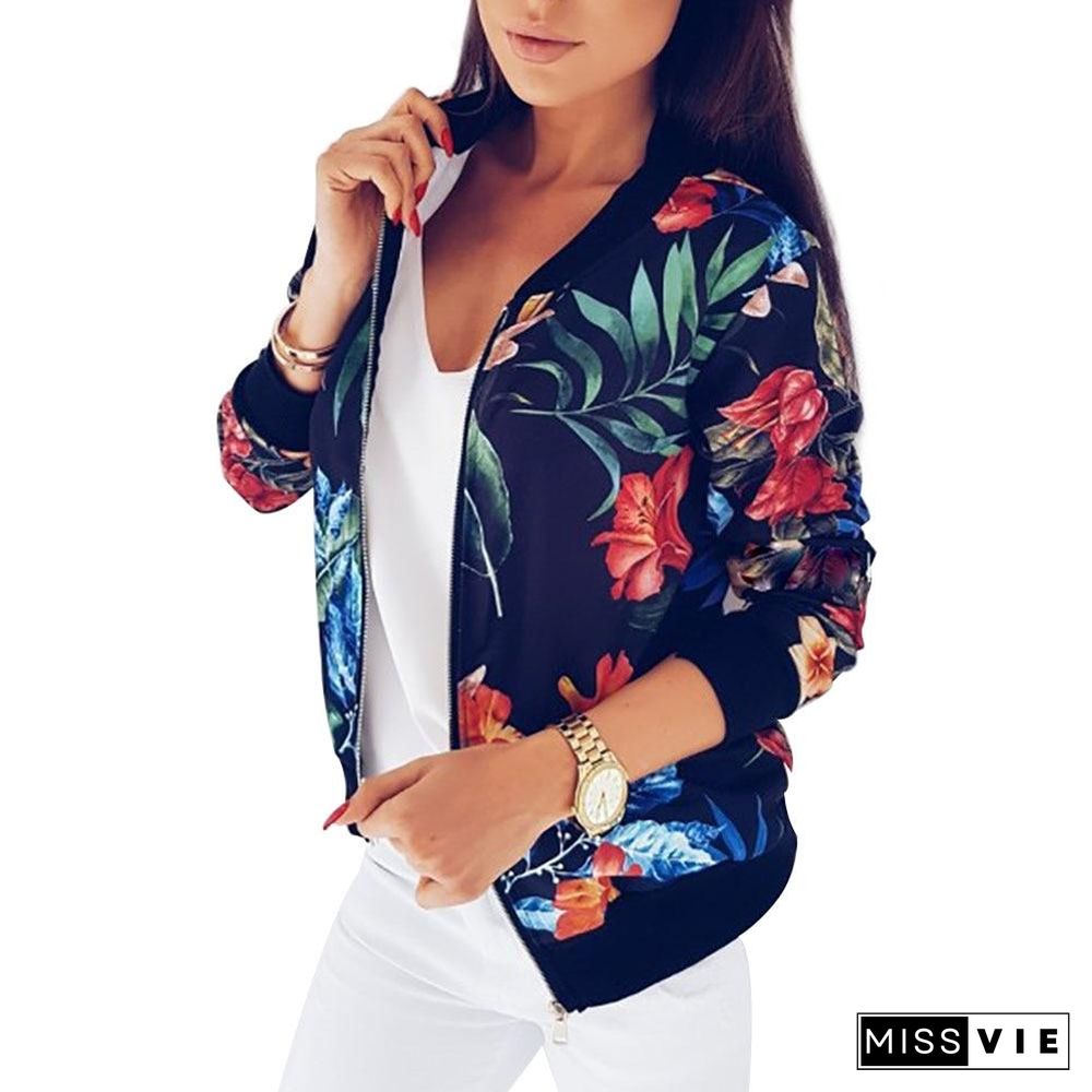 Women Coat Retro Floral Print Zipper Up Jacket Casual Coat Long Sleeve Outwear Women Basic Jacket Bomber