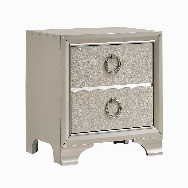 Two Drawers Wooden Nightstand with Oversized Ring Handles， Silver