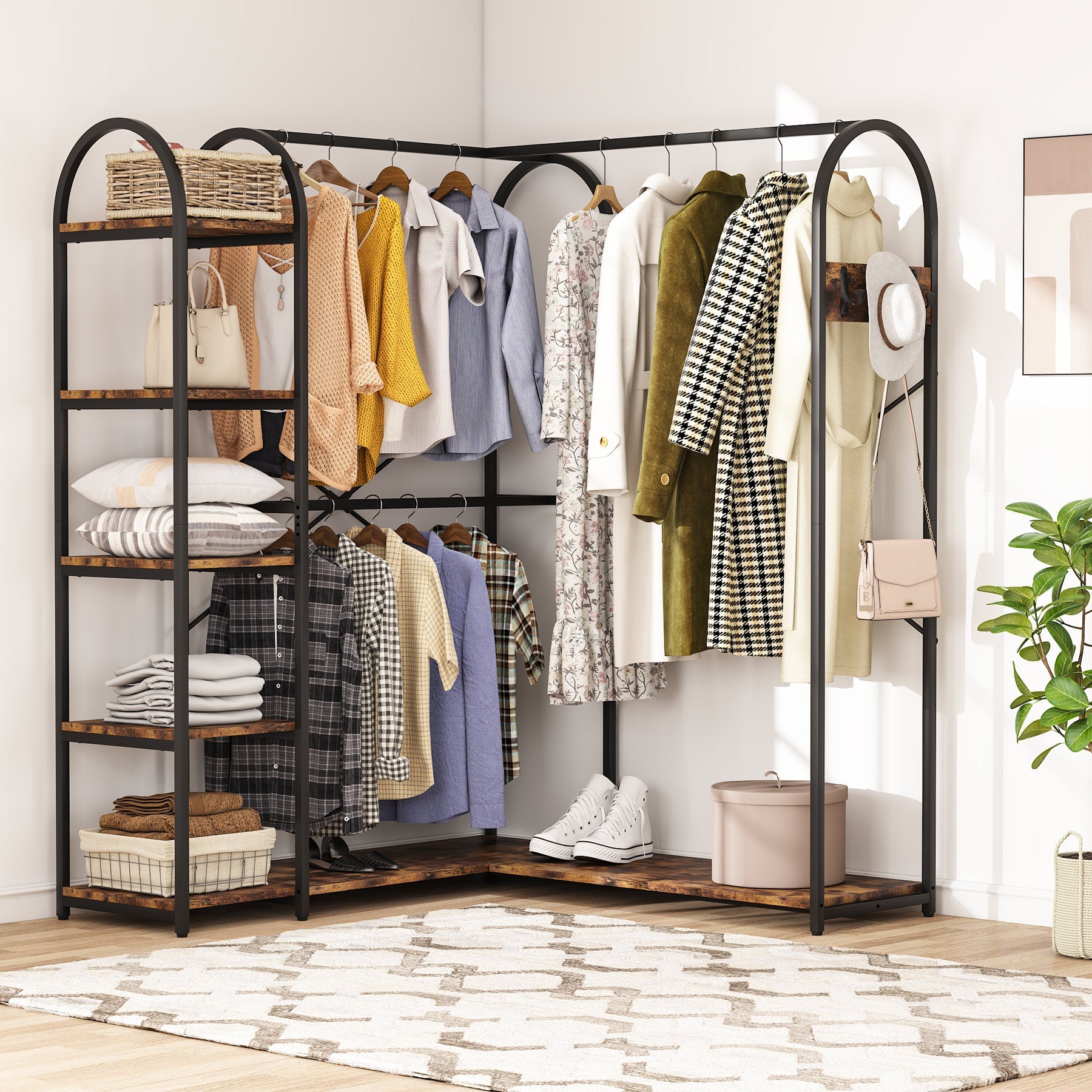 L-Shaped Clothes Rack, Corner Garment Rack with Storage Shelves