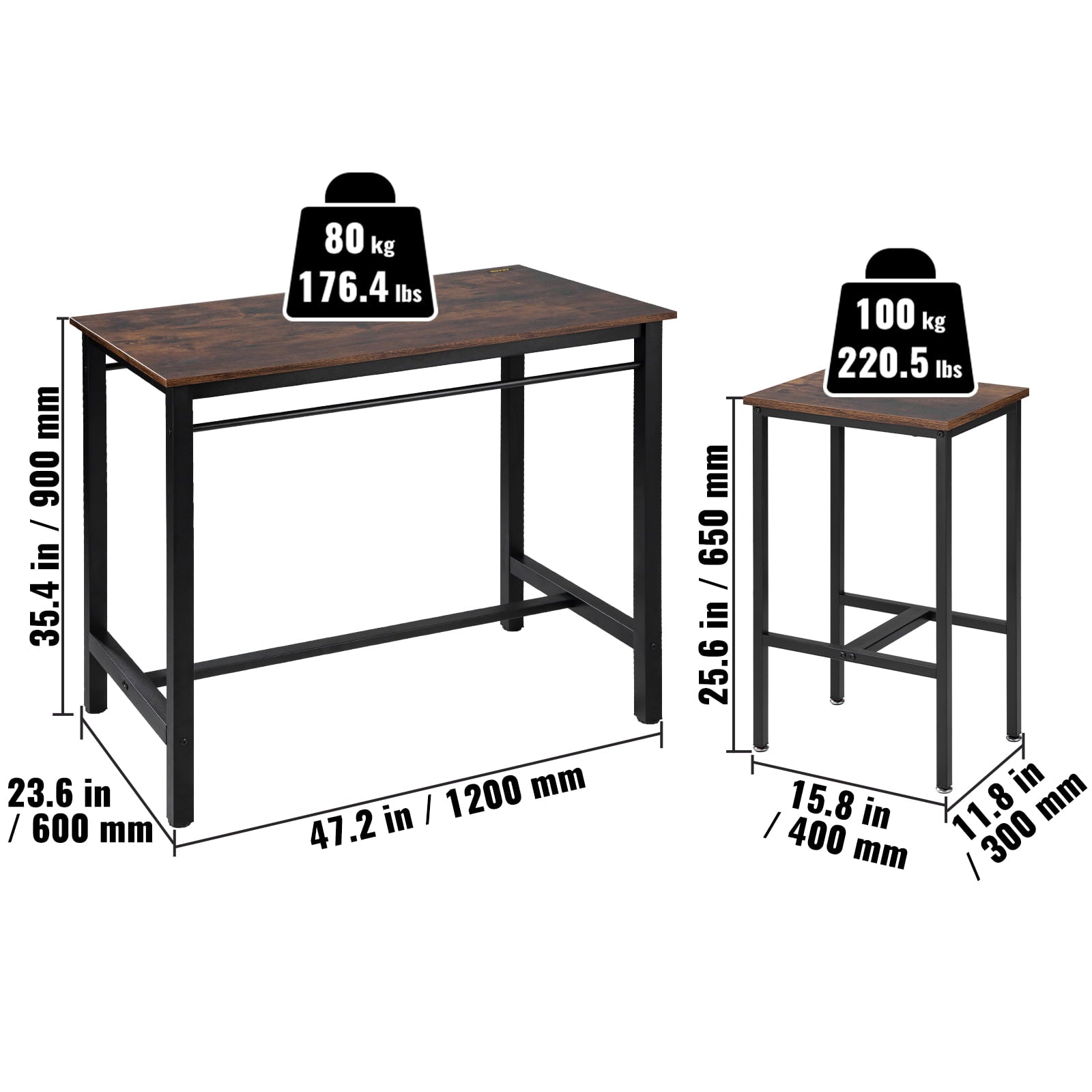 VEVOR Bar Table Set, 47 Bar Table and Chairs Set, Pub Table Set w/ 4 Stools, Iron Frame Counter Height Dining Sets, 5 Piece Saving Space Dining Table Set for Home, Kitchen, Living Room, Rustic Brown