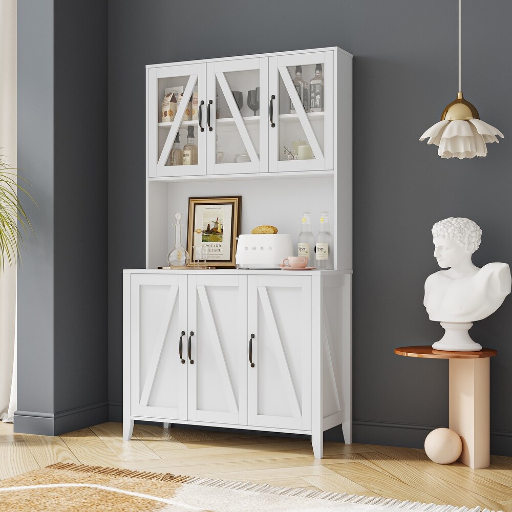 Storage Cabinet with Glass Doors  Drawers and Open Shelves  Freestanding Kitchen Cupboard Buffet Cabinet