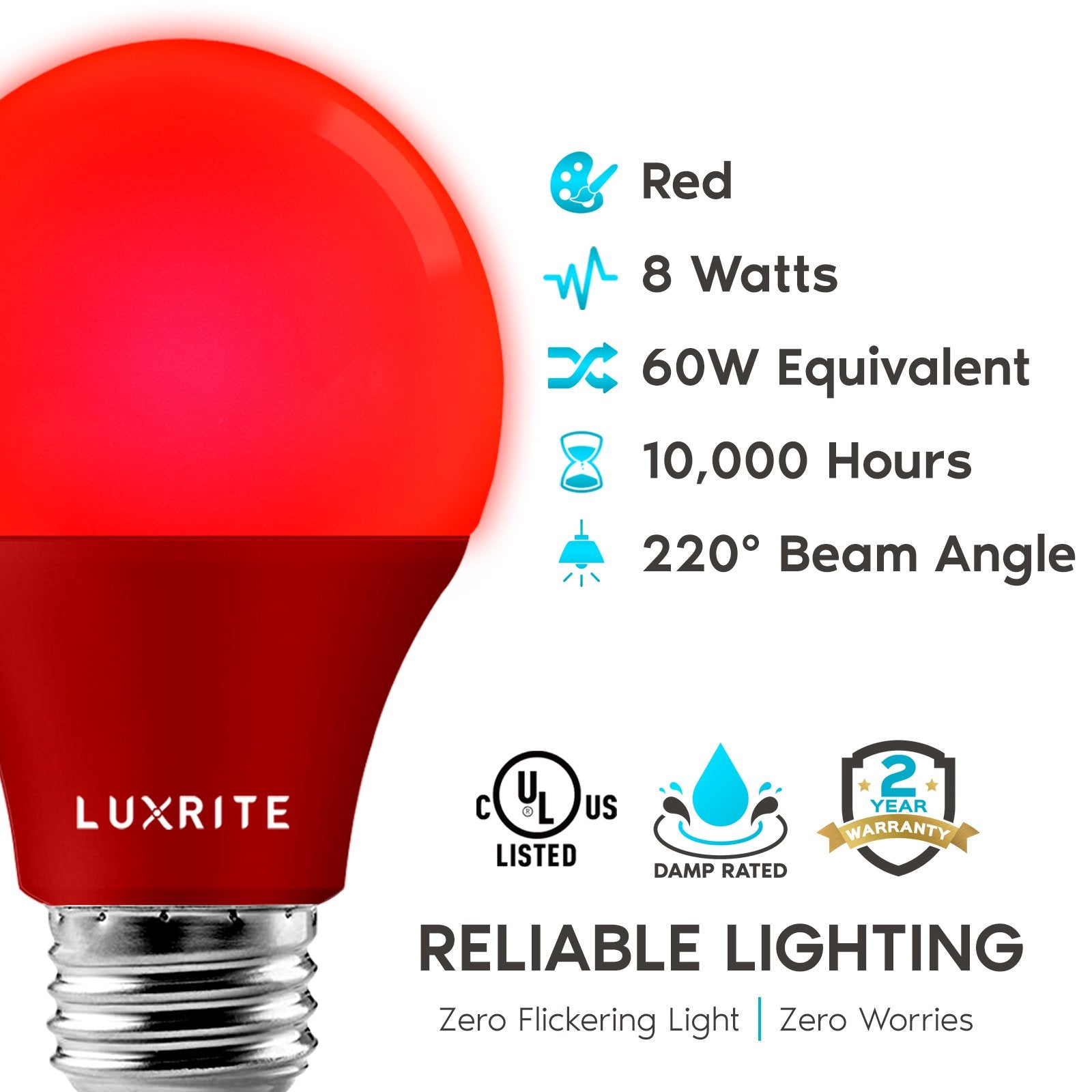 Luxrite A19 LED Red Light Bulbs， 60W Equivalent， UL Listed， E26 Base， Indoor Outdoor， Event， Home Lighting