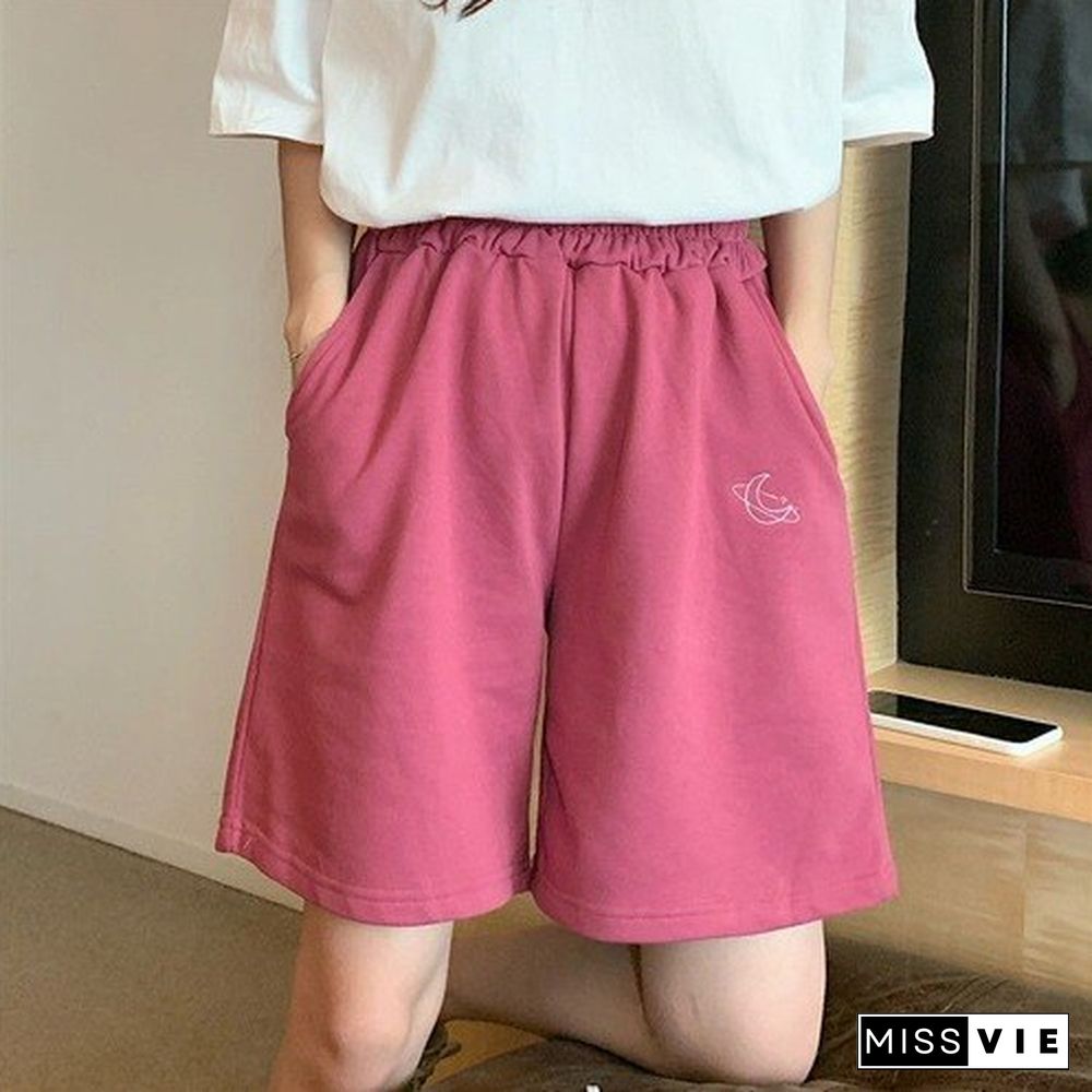 Wide Women'S Short Pants Summer Embroidery Harajuku Sport Shorts Smart Elastic Waist Plus Size Loose Casual Shorts For Women