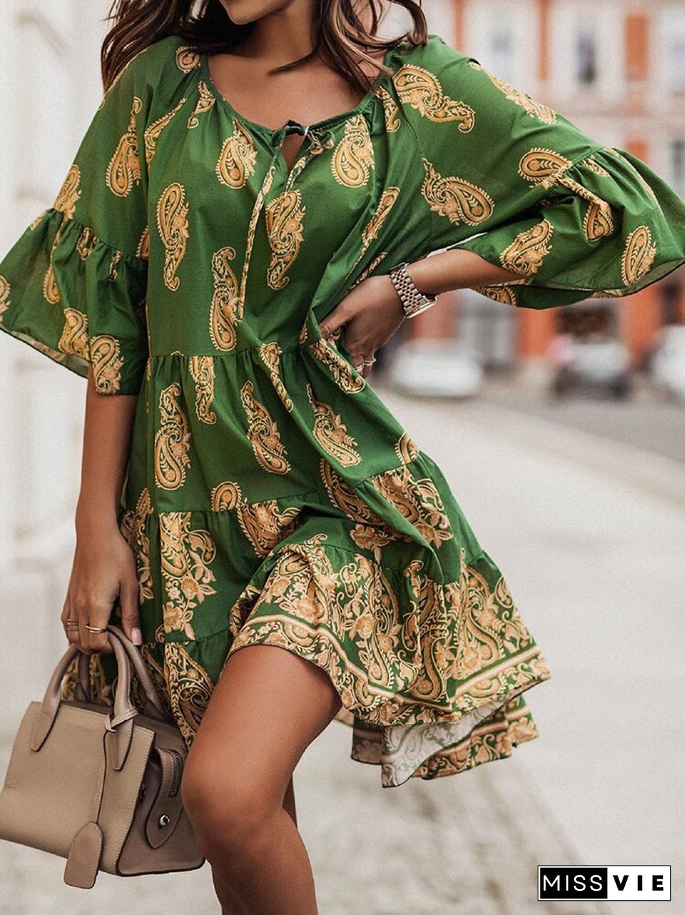 Vintage Printed Summer Ladies Dress Casual V Neck Lace-up Flare Sleeve Mini Dress Women Fashion Office Loose Draped Dresses