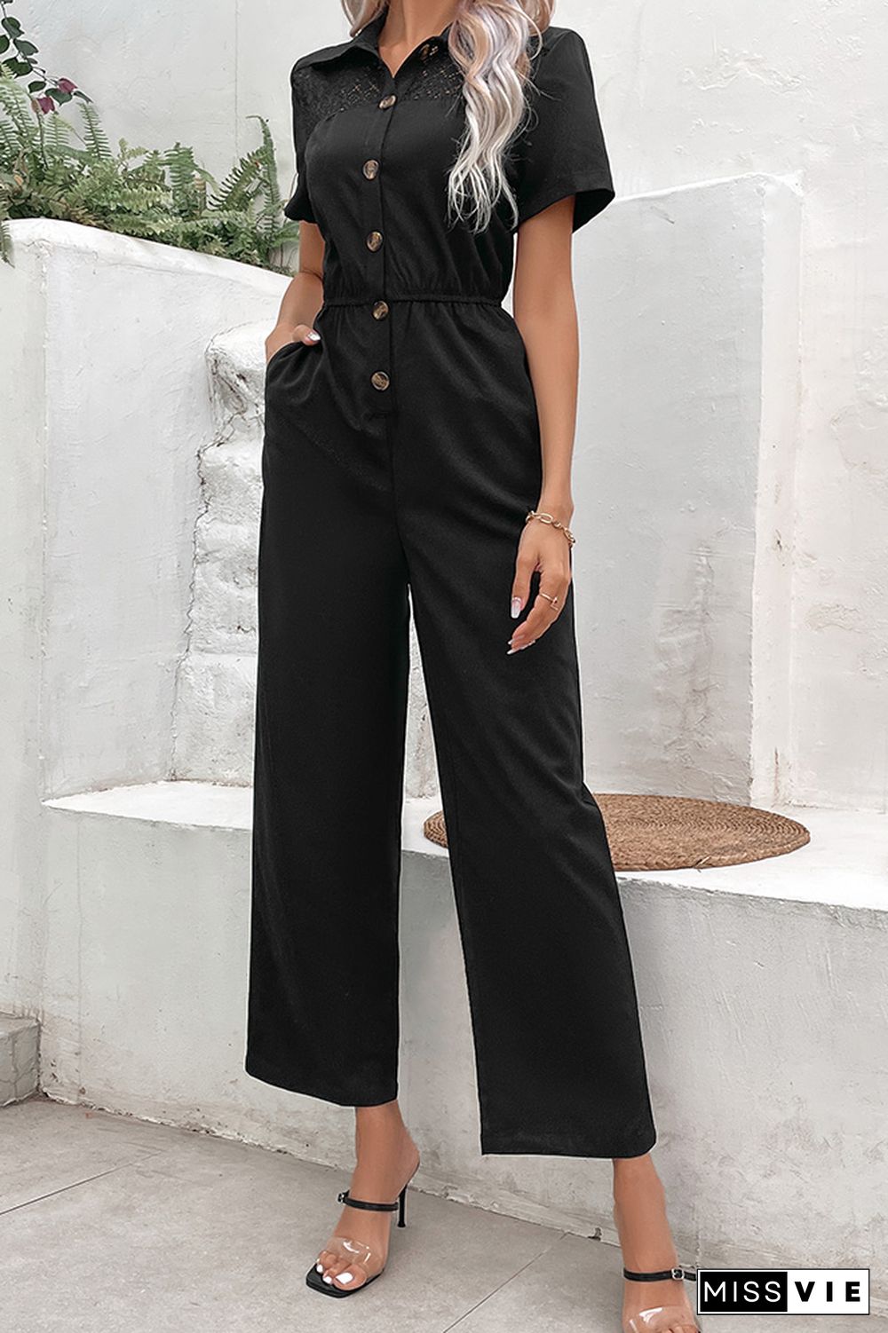 Black Button Up One Piece Jumpsuit