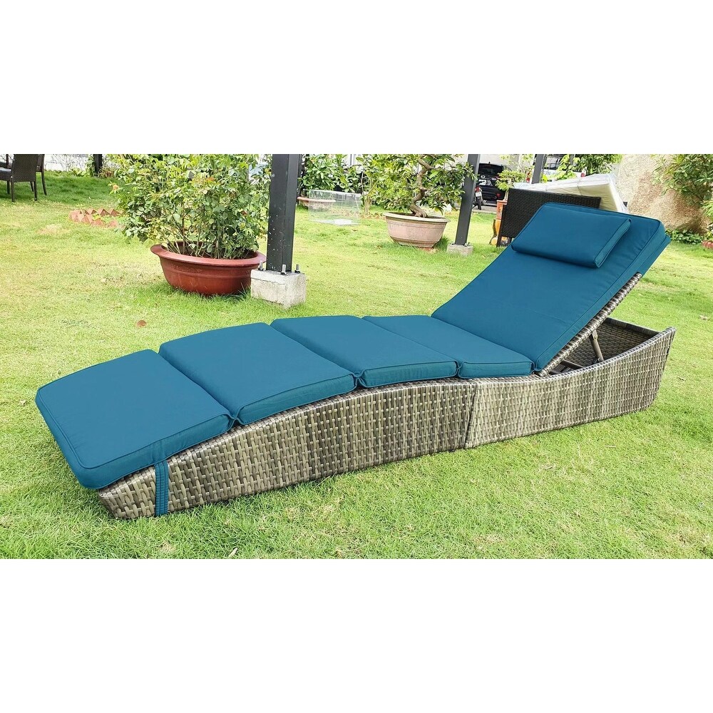 Outdoor Sun Bathing Wicker 5 Adjustable Position Chaise Lounge with Blue Cushion Folding Sun Lounger Chair Patio Backrest Pillow