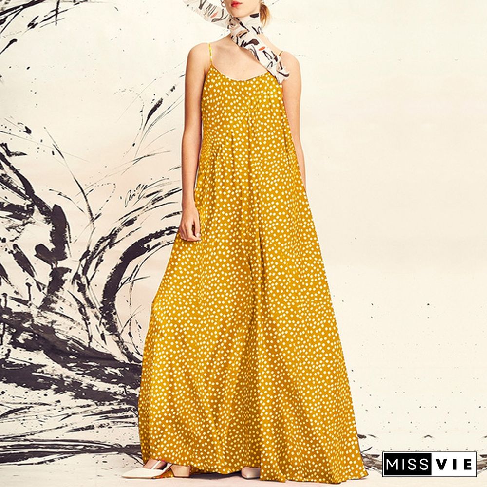 Summer Women Spaghetti Strap Long Dress Floral Print V Neck Sundress Holiday Party Casual Loose Maxi Dress Plus Size