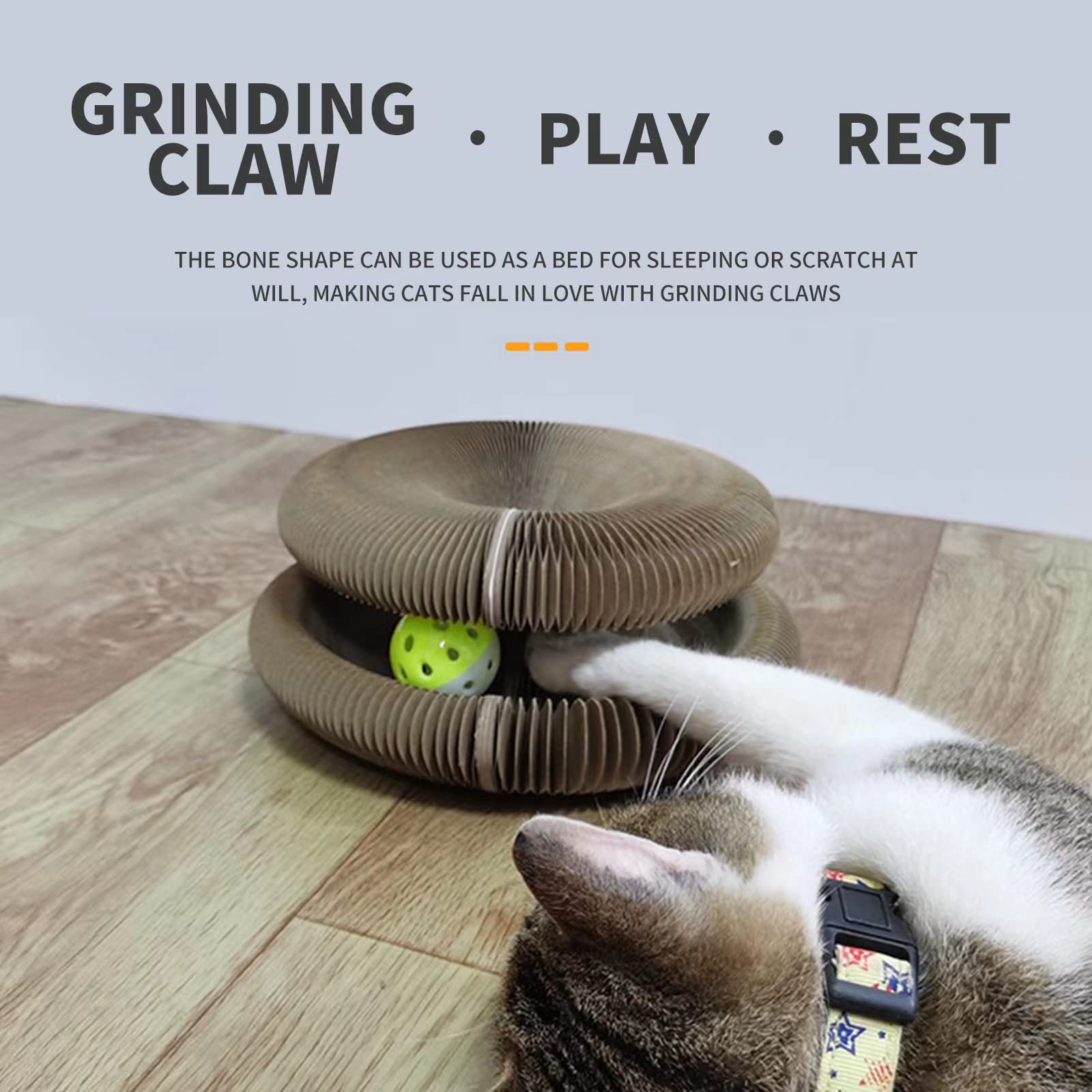 OMZER Magic Organ Cat Scratching Board Foldable Cat Scratcher Lounge Cat Grinding Claw Scratching Board with Interactive Bell Ball Cat Toy