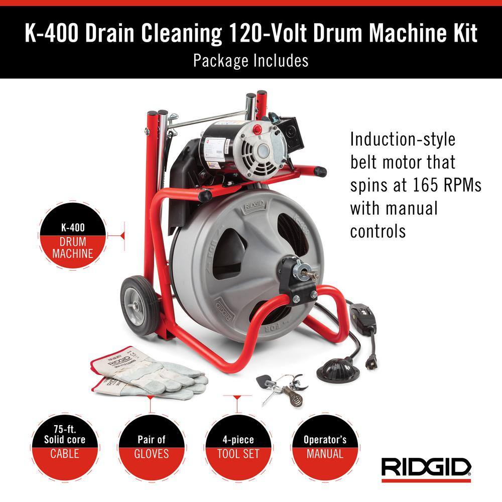 RIDGID K-400 Drain Cleaning Snake Auger 120-Volt Drum Machine with C-32IW 38 in. x 75 ft. Cable + 4-Piece Tool Set  Gloves 52363