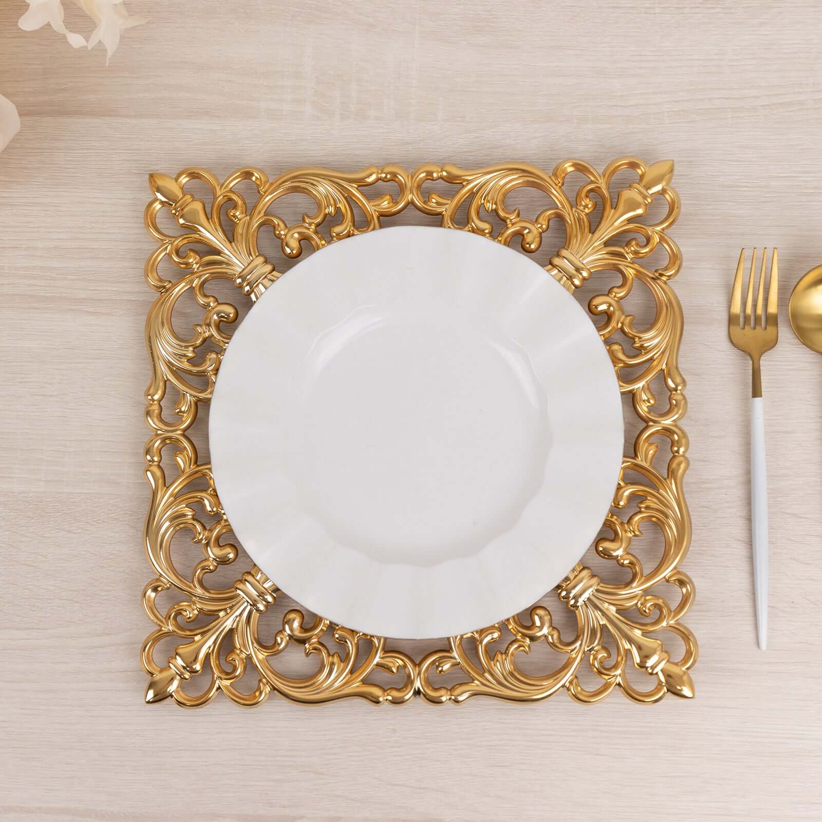 6 Pack Gold Square Acrylic Charger Plates with Hollow Lace Border, Dinner Chargers Event Tabletop Decor - 12