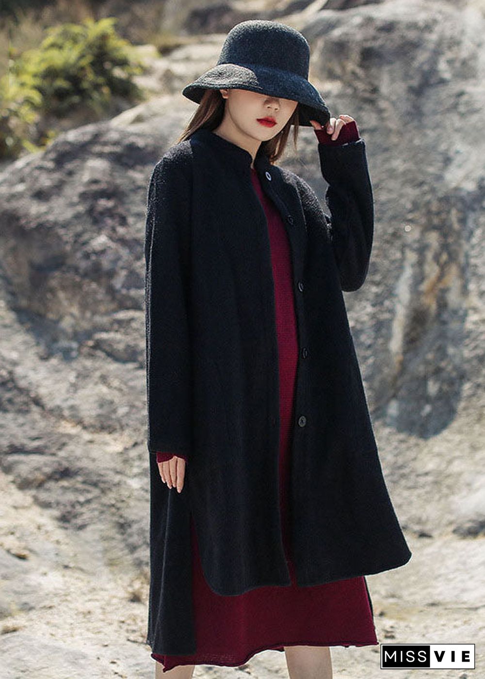 French Black Stand Collar low high design Woolen Coats Winter