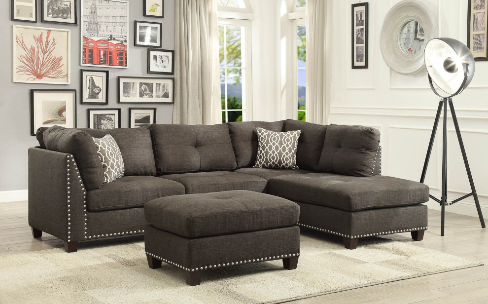 Acme Laurissa Sectional Sofa and Ottoman  2 Pillows  Charcoal Linen  1Set/2Ctn   Transitional   Sectional Sofas   by Acme Furniture  Houzz