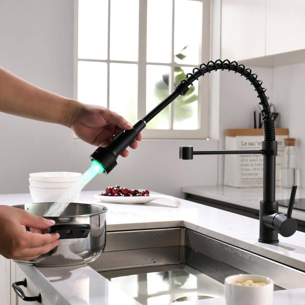 Boyel Living Stainless Steel Faucet Black Single-Handle Faucet Pull-Down Sprayer Kitchen Faucet BM289B-LED-45