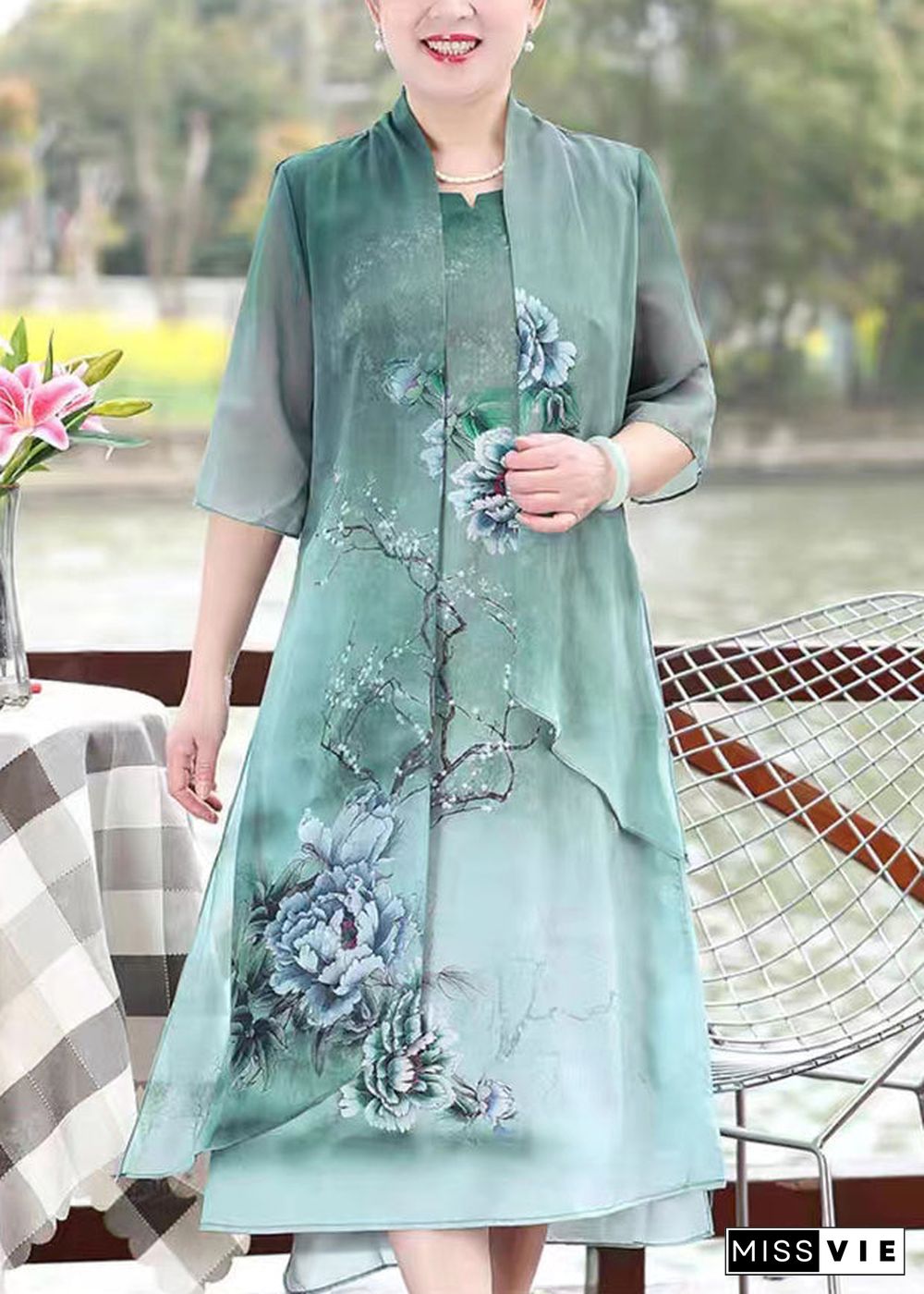 Green Print Patchwork Chiffon Dresses False Two Pieces Summer Half Sleeve