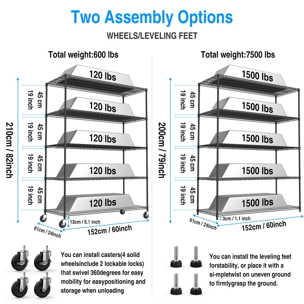 5 Tier 7500lbs Heavy Duty Adjustable Storage Rack Metal Shelf Wire Shelving Unit with Wheels   Shelf Liners 82\