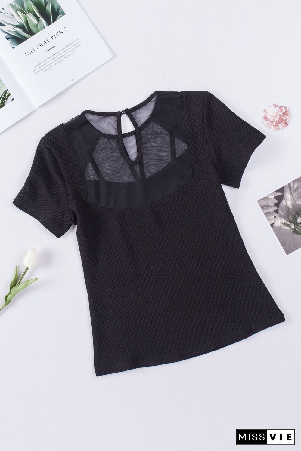 Black Contrast Mesh Knit Short Sleeve T-shirt