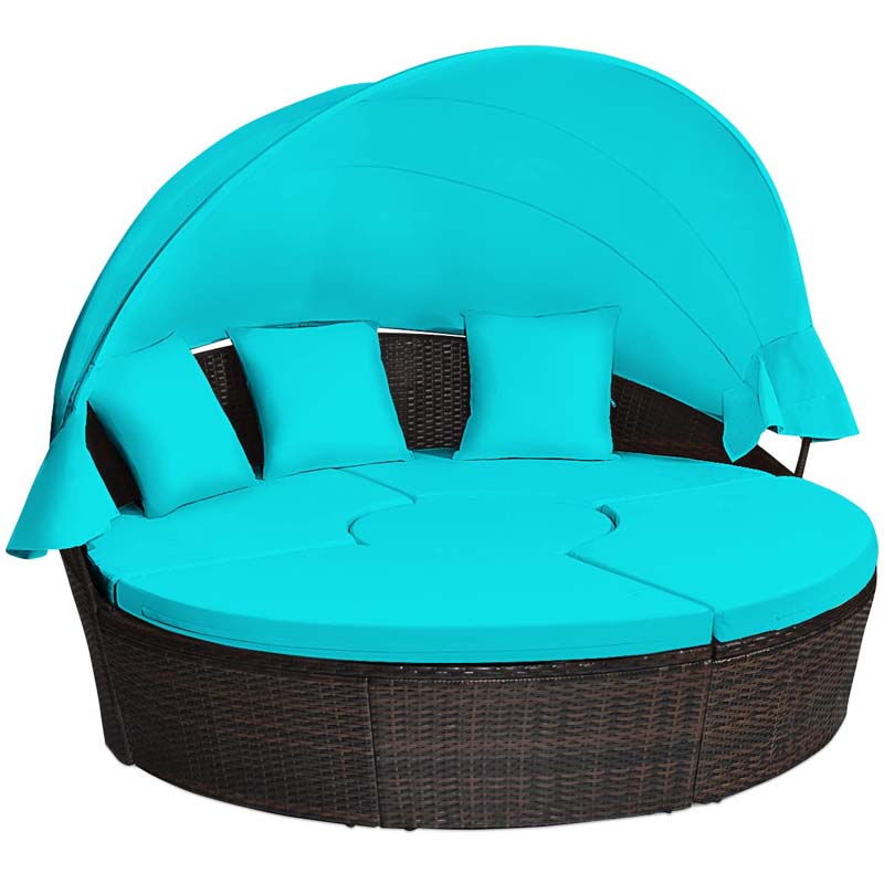 Rattan Wicker Patio Round Daybed with Retractable Canopy & Coffee Table, Outdoor Sectional Furniture Sofa Set