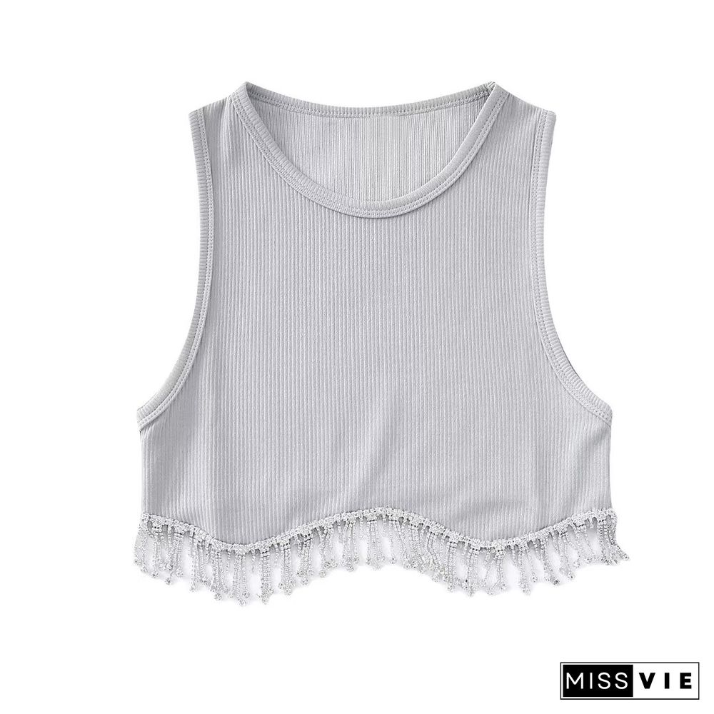 Women High Street Sexy Hem Tassel Diamond Beading Knitting T-Shirt Chic Short Camis Tank Lady Slim Crop Vest Tops Ls1311