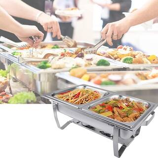 FUNKOL 9 Qt. Grip Foldable Frame Silver Rectangular Full Size Stainless Steel Buffet Plates for Parties Restaurants  4-Piece LML-94870